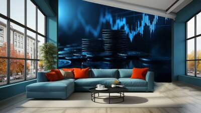 Graph of financial stock exchange money chart on investment business 3d background on growth currency trade graph profit analysis or digital economic technology strategy marketing coins. Wall mural