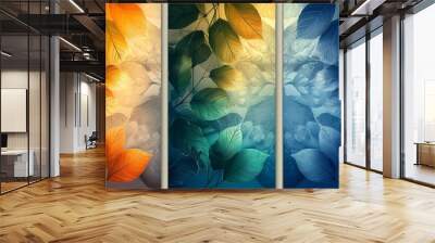 Grunge abstract wall art panels featuring orange and blue leaves Wall mural