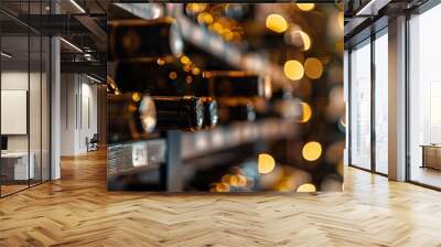 A row of wine bottles elegantly displayed on a shelf, beautifully illuminated by warm ambient lighting Wall mural