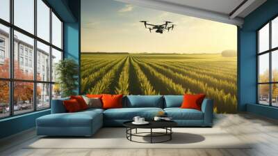 drone quad copter on green corn field Wall mural