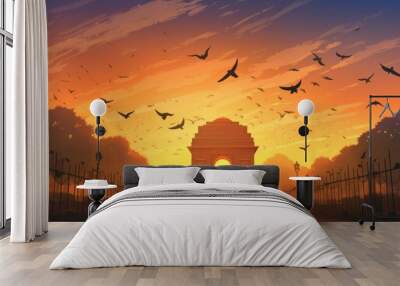 illustration of a silhouette of an Indian palace with birds flying against a sunset background Wall mural