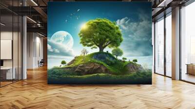 landscape with green grass surface and trees, mountains. Earth globe isolated with green island Wall mural