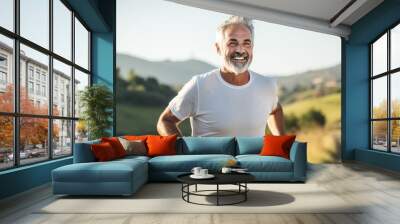 Portrait of happy senior man with grey hair and beard in sportswear Wall mural