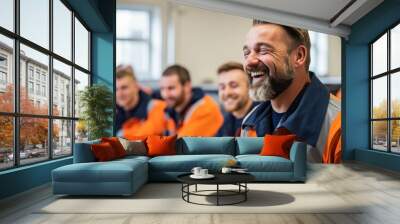 Worker in overalls, smiling in classroom for training Wall mural