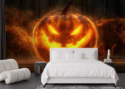 Halloween pumpkins on a wooden plank. Stock. Wall mural