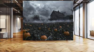 Halloween scene with haunted house on pumpkin field. Moonlight shining through bare trees, mist and old house at night. Wall mural