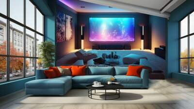 Home cinema, living room with colored LED lighting - Smart home. AI Wall mural