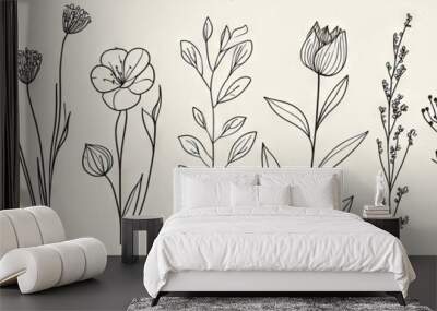 Illustration of abstract flower, floral, rose, tropical leaves, spring and autumn leaves, bouquet of olives. Hand drawn continuous line artwork. Wall mural