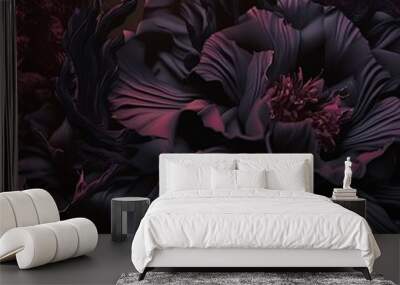 Illustration of beautiful dark abstract exotic flowers. Luxurious dark ink flowers and patterns. 3d illustration Wall mural