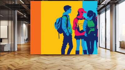 illustration of diverse people and teenagers standing side by side and one by one, equality. Wall mural