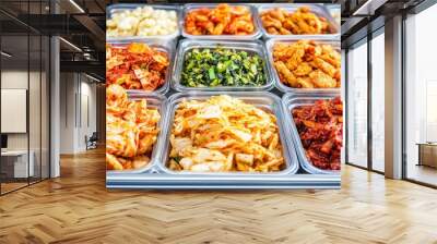 In a lively market setting, Korean street food delicacies like tteokbokki, hotteok, and fish cakes are on display. Wall mural