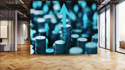 In growth financial business with arrow money coin on increase earnings 3D background with economy market investment finance banking profit or success cash stack currency. Wall mural