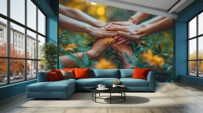 In panoramic video, a startup company employee team is stacked hands together to signify success in business partnership and strong unity throughout the workforce. Wall mural