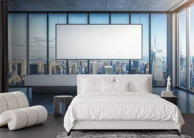 In this 3D rendering, we see a modern spacious office corridor with an empty white mock up banner on matte glass wall, a reception desk, panoramic windows with a city view, daylight, and couches. Wall mural