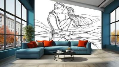 In this one line drawing modern illustration, an elegant couple in dress kisses very attractively. Wall mural