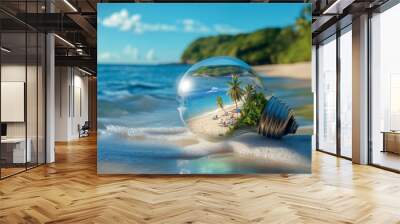 Inside a lightbulb are sun loungers and umbrellas on a sandy beach. Travel idea, time for vacation. Beach background with copy space. Wall mural