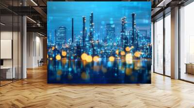 Inspiring future factory plant and energy business concept. Oil, gas, and petrochemical refinery factory with double exposure showing next generation power and energy companies. Wall mural