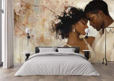 Interracial couple embracing - abstract painting with brush strokes - copy space - Handsome young white man embracing pretty black woman Wall mural