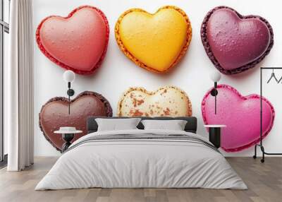 Isolated on a white background, a heart-shaped macaroon cake floating in the air, a sweet cookie macaroon dessert cake and dessert concept. Wall mural