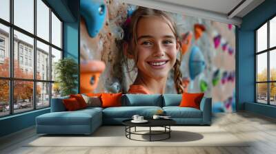 Joyful Teen Climber Conquering Indoor Rock Wall With Enthusiasm and Confidence Wall mural