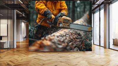 Lumberjack sawing a tree trunk with a chainsaw Wall mural