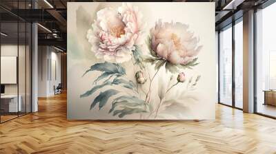 Luxurious light peony flowers in watercolor painting style. Botanical background or wallpaper design. AI Wall mural