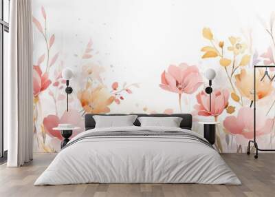 Luxurious watercolor flowers and twigs, pink, gold, lilac spots and flowers on a white background. Wall mural