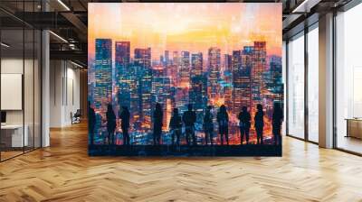 Meeting of Business People at Sunset, Reflective Floor, Corporate Teamwork, Urban Professional Environment, Evening Meeting Silhouettes Wall mural