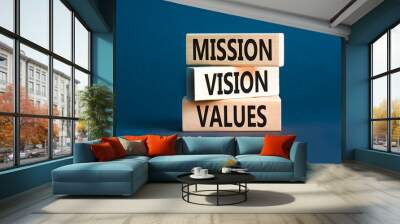 Mission vision values symbol. Concept words Mission Vision Values on wooden blocks on a beautiful grey table grey background. Business mission vision values concept. Copy space. Wall mural