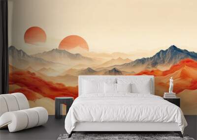 Modern abstract art banner design in vintage style with gold hand drawn line pattern with mountains. Wall mural