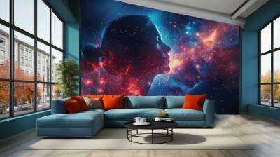 Modern illustration of geomb horoscope sign with twelve zodiacs and galaxy stars in background, graphic of a polygonal man thinking Wall mural