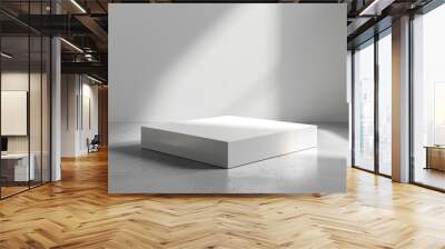 Modern minimalist empty room with a white pedestal and gray floor. Concept of a gallery space for displaying works. Wall mural