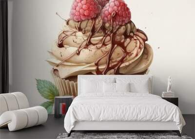 muffin cake and cream and raspberry jam on a light watercolor background Generative AI Wall mural