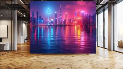 Night city with neon lights. Reflection of neon lights in water. Modern city with high-rise buildings. Night street scenes, city on the ocean. Illustration in 3D. Wall mural