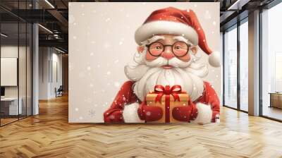 Old bearded man with hat and box for winter holiday. Flat modern illustration isolated on white background. Santa Claus holding a Christmas present. Wall mural