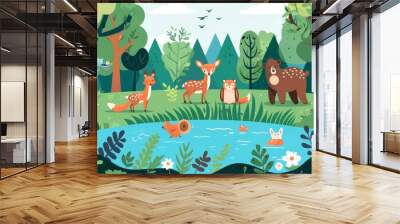 On a forest tree wall, there's a bear, a squirrel, and a bird. Illustration with forest animals. Wall mural