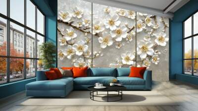 On a gray background, three gold and white flowers are painted Wall mural