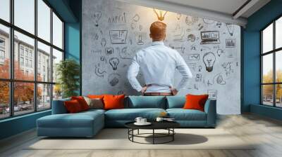 On a white background, a creative hand-drawn doodle represents ideas and innovation on the wall of a man in a suit Wall mural