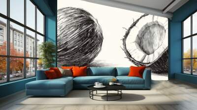 On a white background, an illustration of a coconut is shown. Wall mural