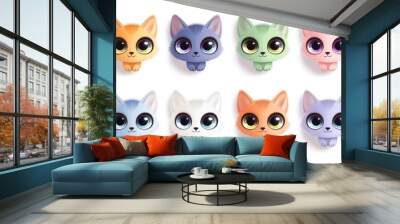 On a white background, colorful cartoon cats have expressive eyes. Cute stickers. Wall mural