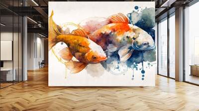 on a white background watercolor drawing of several carp fish with gold paint Generative AI Wall mural