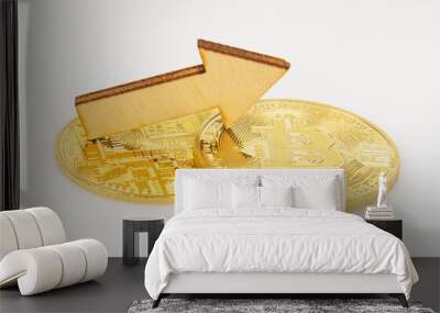 On a white surface, bitcoin and an arrow showing the growth in the value of the cryptocurrency. Wall mural