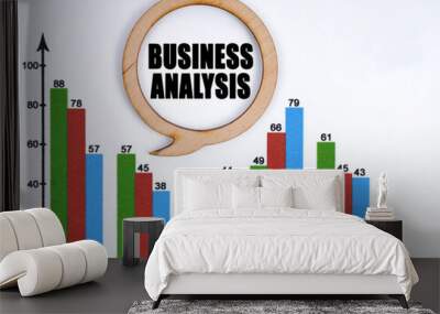 On the table are reporting graphics and a thought plate, inside of which it is written - BUSINESS ANALYSIS Wall mural