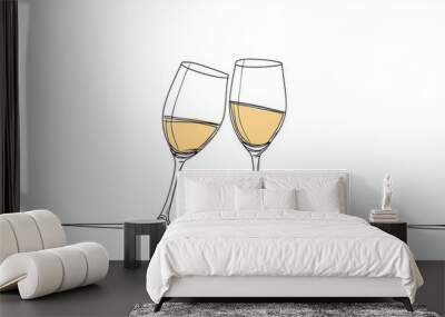 One line champagne toast. Continuous linear couple wine glasses clink. Wedding party cheers. Modern concept of minimal new year celebration with two glasses clink. Romantic festive decor. Wall mural