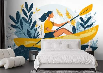 One line continuous drawing art of woman rowing canoe. Modern illustration of women paddling kayaks. Wall mural