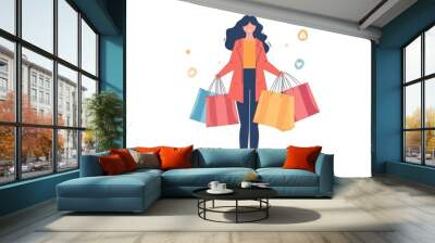 One line drawing of a happy young woman with shopping bags Wall mural