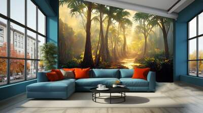 Palm forest at sunset, sun rays through the trees, fantasy forest, fog, palm jungle. 3D illustration. 3d rendering Wall mural