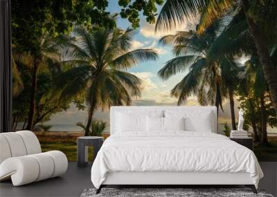 Palm trees and a tropical beach with a peaceful and vibrant ambiance. Wall mural