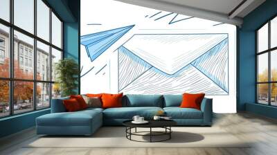 Paper plane flying and mail being sent in a simple linear style. Business metaphor and creative idea in a single continuous line. Editable strokes. Contemporary illustration. Wall mural