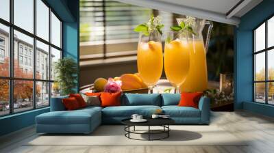 Peach juice in glasses and jug and fresh fruit. Wall mural